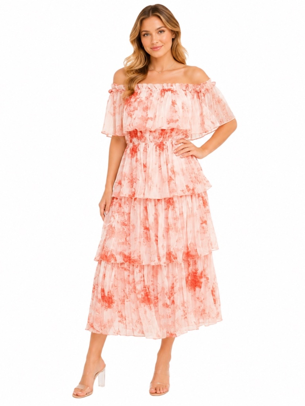 Tie-Dye Off Shoulder Tiered Midi Dress